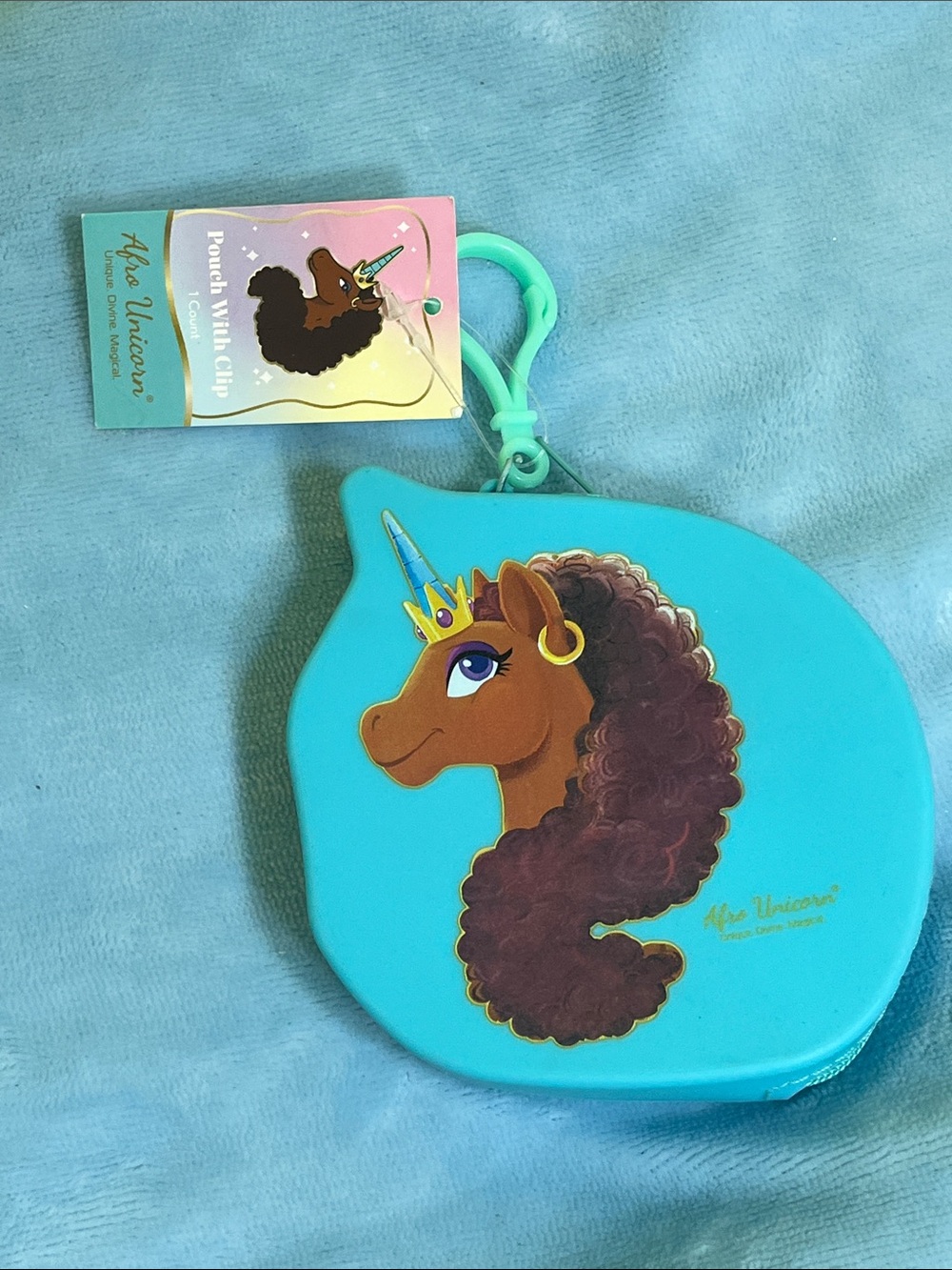 Afro Unicorn™ Blue Zip Coin Pouch w/ Clip NEW